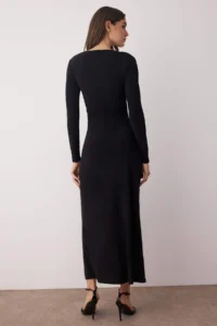TRENDYOLMİLLA Black Plain Ruffle Detailed Asymmetric Skirt Detailed Boat Neck Flexible Midi Knitting Dress - Image 4