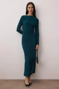 TRENDYOLMİLLA Emerald Green Plain Ruffle Detailed Asymmetric Skirt Boat Neck Flexible Midi Knitting Dress