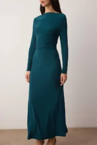 TRENDYOLMİLLA Emerald Green Plain Ruffle Detailed Asymmetric Skirt Boat Neck Flexible Midi Knitting Dress - Image 3