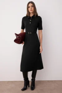 TRENDYOLMİLLA Black Arched Three Quarter Sleeve A Line/flared Plain Midi Knitting Dress