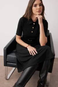 TRENDYOLMİLLA Black Arched Three Quarter Sleeve A Line/flared Plain Midi Knitting Dress - Image 2