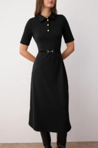 TRENDYOLMİLLA Black Arched Three Quarter Sleeve A Line/flared Plain Midi Knitting Dress - Image 3