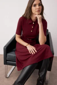TRENDYOLMİLLA Burgundy Arched Three Quarter Sleeve A Line/flared Plain Midi Knitting Dress - Image 2