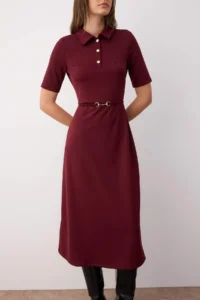 TRENDYOLMİLLA Burgundy Arched Three Quarter Sleeve A Line/flared Plain Midi Knitting Dress - Image 3