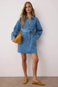 TRENDYOLMİLLA Mavi Zipper and Pocket Detail Belted Mini denim Dress - Image 2