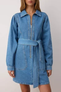 TRENDYOLMİLLA Mavi Zipper and Pocket Detail Belted Mini denim Dress - Image 3