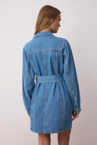 TRENDYOLMİLLA Mavi Zipper and Pocket Detail Belted Mini denim Dress - Image 4