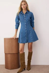 TRENDYOLMİLLA Mavi Mini denim Shirt Dress
