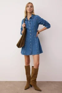 TRENDYOLMİLLA Mavi Mini denim Shirt Dress - Image 2