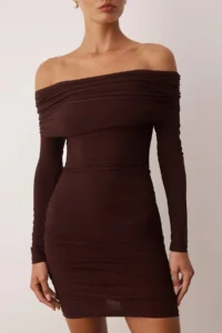TRENDYOLMİLLA Brown Plain Carmen Collar bodycone/Fitting Ribbed Flexible Mini Knitting Dress - Image 3