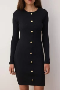 TRENDYOLMİLLA Black Plain Crew Neck buttoned Bodyone/Fitting Ribbed Flexible Mini Knitting Dress - Image 3