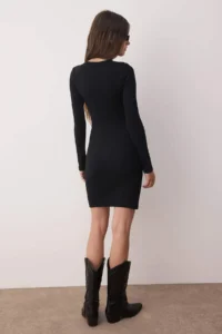 TRENDYOLMİLLA Black Plain Crew Neck buttoned Bodyone/Fitting Ribbed Flexible Mini Knitting Dress - Image 4