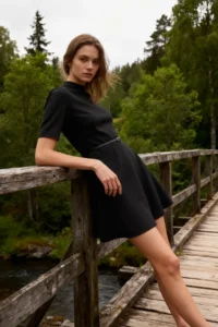 TRENDYOLMİLLA Black Dog collar Three Quarter Sleeve skater/Waist Opening Mini Knitting Dress