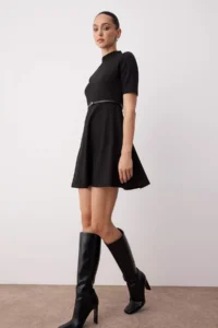 TRENDYOLMİLLA Black Dog collar Three Quarter Sleeve skater/Waist Opening Mini Knitting Dress - Image 2