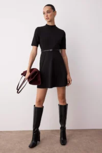 TRENDYOLMİLLA Black Dog collar Three Quarter Sleeve skater/Waist Opening Mini Knitting Dress - Image 3