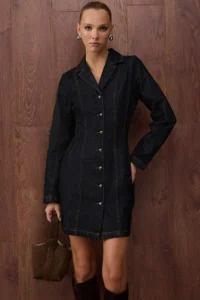 TRENDYOLMİLLA Special Collection Dark Blue Stitching Detailed Mini Denim Dress - Image 2