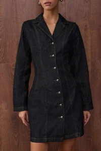 TRENDYOLMİLLA Special Collection Dark Blue Stitching Detailed Mini Denim Dress - Image 3