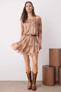 TRENDYOLMİLLA Salmon Abstract Frilly Short/Mini skater Knitting Dress