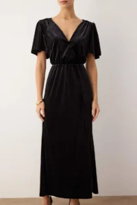 TRENDYOLMİLLA Black Velvet Double breasted V-neck Mendil Kol Plain Midi Knitting Dress - Image 3