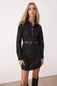 TRENDYOLMİLLA Black Shirt Collar Arched Long Sleeve Mini denim Dress - Image 2