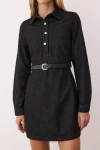TRENDYOLMİLLA Black Shirt Collar Arched Long Sleeve Mini denim Dress - Image 3