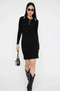 TRENDYOLMİLLA Teen Black bodycone Polo Shirt Collar Mini Knitwear Plain Mini Dress