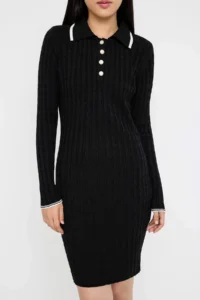 TRENDYOLMİLLA Teen Black bodycone Polo Shirt Collar Mini Knitwear Plain Mini Dress - Image 3