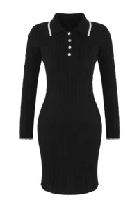 TRENDYOLMİLLA Teen Black bodycone Polo Shirt Collar Mini Knitwear Plain Mini Dress - Image 5