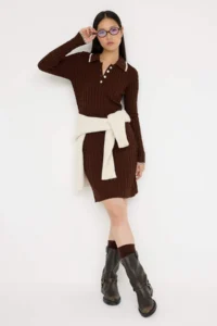 TRENDYOLMİLLA Teen Brown*001 bodycone Polo Shirt Collar Mini Knitwear Plain Mini Dress