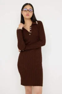TRENDYOLMİLLA Teen Brown*001 bodycone Polo Shirt Collar Mini Knitwear Plain Mini Dress - Image 2