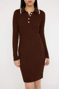 TRENDYOLMİLLA Teen Brown*001 bodycone Polo Shirt Collar Mini Knitwear Plain Mini Dress - Image 3