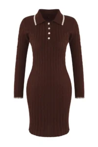 TRENDYOLMİLLA Teen Brown*001 bodycone Polo Shirt Collar Mini Knitwear Plain Mini Dress - Image 5