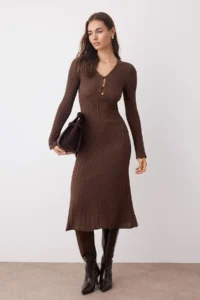 TRENDYOLMİLLA Brown Plain Maxi V-neck A-line Knitwear LONG Dress