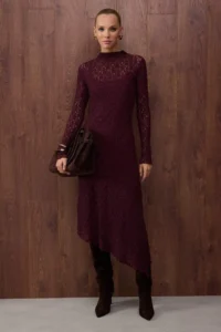 TRENDYOLMİLLA Special Collection Plum Plain Asymmetric bodycon/Fitting Maxi Knitting Lace Dress