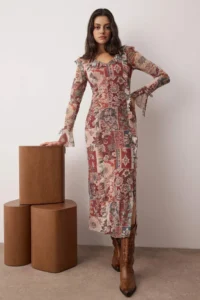 TRENDYOLMİLLA Ethnic Patterned Frilly Maxi Knitting Dress