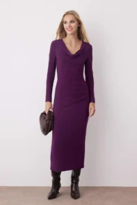 TRENDYOLMİLLA Plum Plain Shirred Boat Neck Lined bodycone/Fitting Maxi Knitting Dress