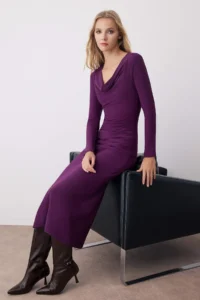 TRENDYOLMİLLA Plum Plain Shirred Boat Neck Lined bodycone/Fitting Maxi Knitting Dress - Image 2