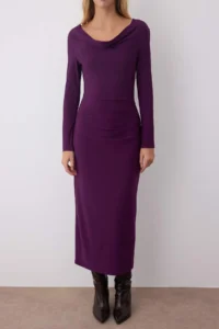 TRENDYOLMİLLA Plum Plain Shirred Boat Neck Lined bodycone/Fitting Maxi Knitting Dress - Image 3