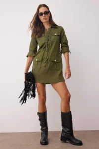 TRENDYOLMİLLA Khaki Eyelet Binding Detailed Short / Mini Weaving Dress - Image 2