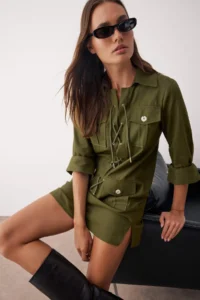 TRENDYOLMİLLA Khaki Eyelet Binding Detailed Short / Mini Weaving Dress - Image 3