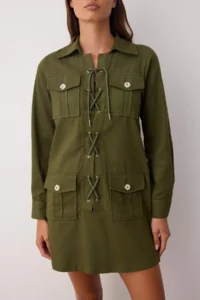 TRENDYOLMİLLA Khaki Eyelet Binding Detailed Short / Mini Weaving Dress - Image 4