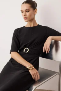 TRENDYOLMİLLA Black Plain Accessory Detailed Midi Weaving Dress - Image 2