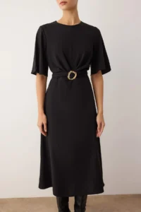 TRENDYOLMİLLA Black Plain Accessory Detailed Midi Weaving Dress - Image 3