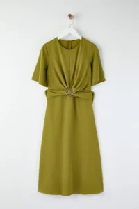 TRENDYOLMİLLA Oil Green Plain Accessory Detailed Midi Weaving Dress