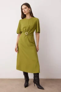 TRENDYOLMİLLA Oil Green Plain Accessory Detailed Midi Weaving Dress - Image 2