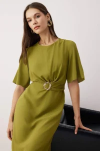 TRENDYOLMİLLA Oil Green Plain Accessory Detailed Midi Weaving Dress - Image 3