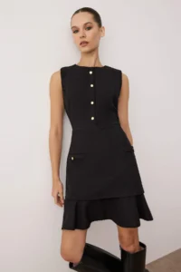 TRENDYOLMİLLA Black buttoned Short / Mini Tweed Weaving Dress