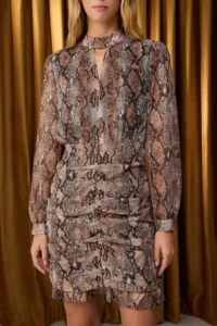 TRENDYOLMİLLA Special Collection Brown animals Patterned Shirred Short / Mini Weaving Dress - Image 3