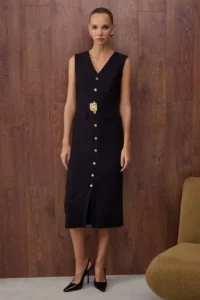 TRENDYOLMİLLA Special Collection Black Arched Accessory Detailed Midi Weaving Dress - Image 2