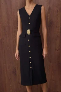 TRENDYOLMİLLA Special Collection Black Arched Accessory Detailed Midi Weaving Dress - Image 3